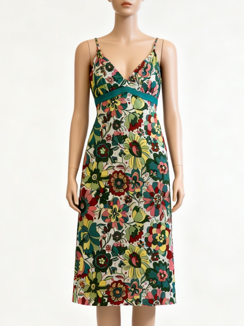 BCBGMaxAzria Green Multi Floral V-Neck Midi Slip Dress